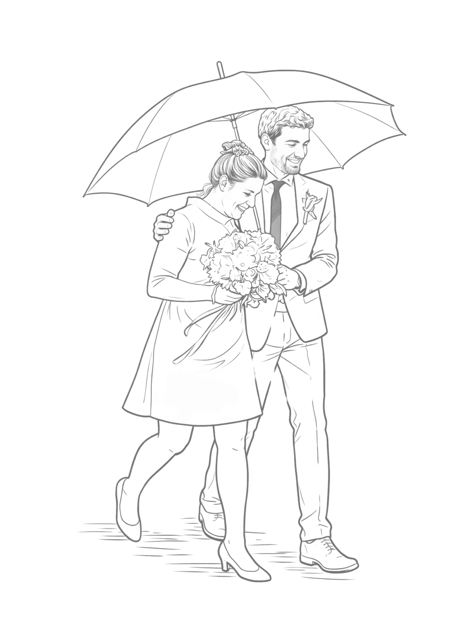 Line-drawn illustration of Alex and Nadine under an umbrella